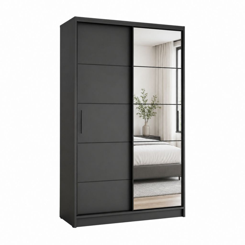 Schwebetürenschrank Schwarz mit Spiegel aus Spanplatte 120 x 60 x 200 cm