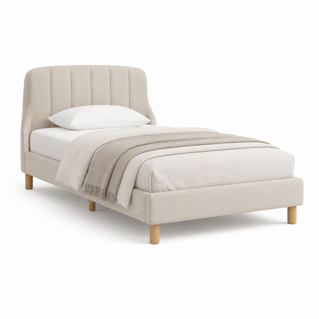 Polsterbett Einzelbett Beige Polyester mit Rundkopfteil und Massivholzfüßen 90 x 200 cm