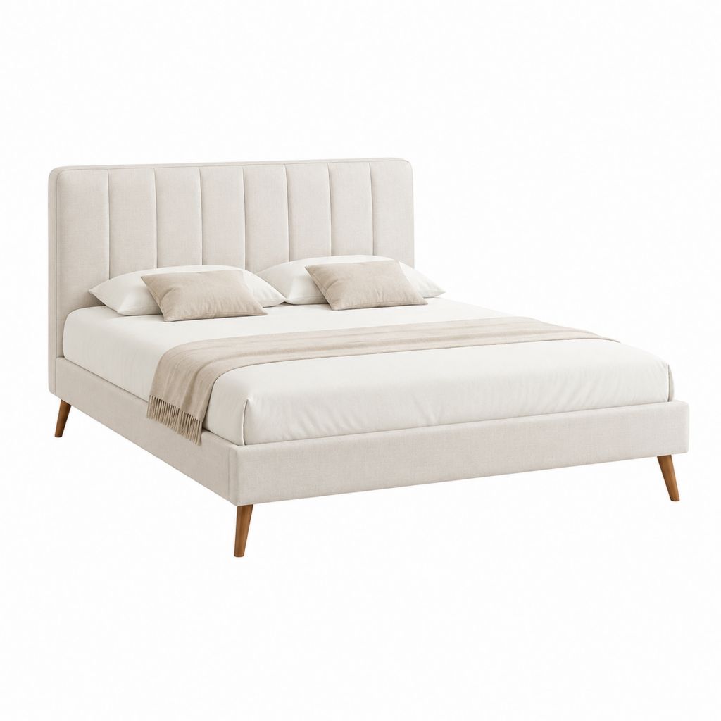 Polsterbett Doppelbett Creme mit Polyesterbezug und Holzfüßen 160 x 200 cm