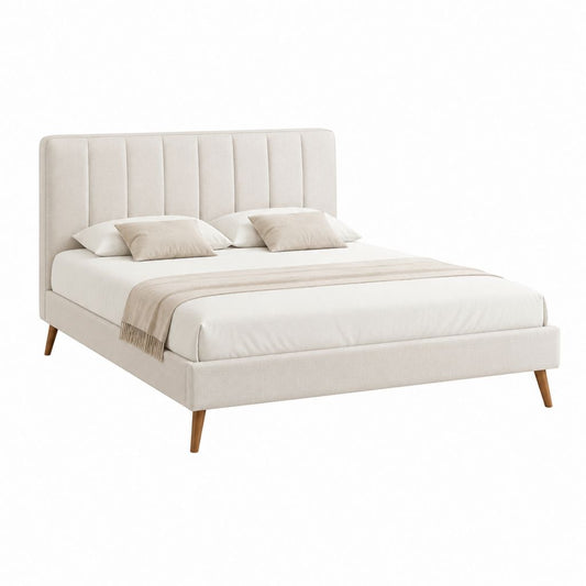 Polsterbett Doppelbett Creme mit Polyesterbezug und Holzfüßen 160 x 200 cm