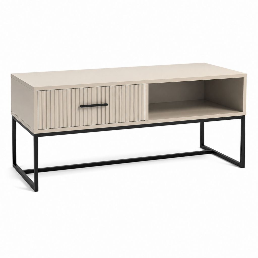 Couchtisch Beige Schwarz aus MDF und Stahl rechteckig mit Schiebetür 120 x 60 x 50 cm
