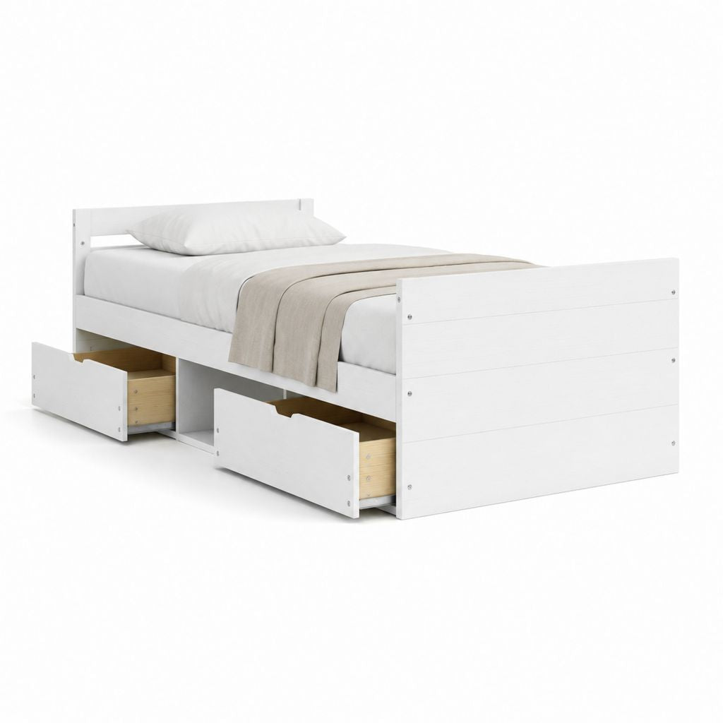 Einzelbett mit 2 Schubladen Weiß Kiefer Massivholz 90 x 200 cm