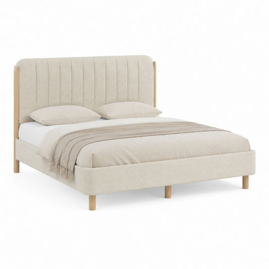 Polsterbett Doppelbett Creme Polyester Rechteckig mit Holzbeinen 160 x 200 cm