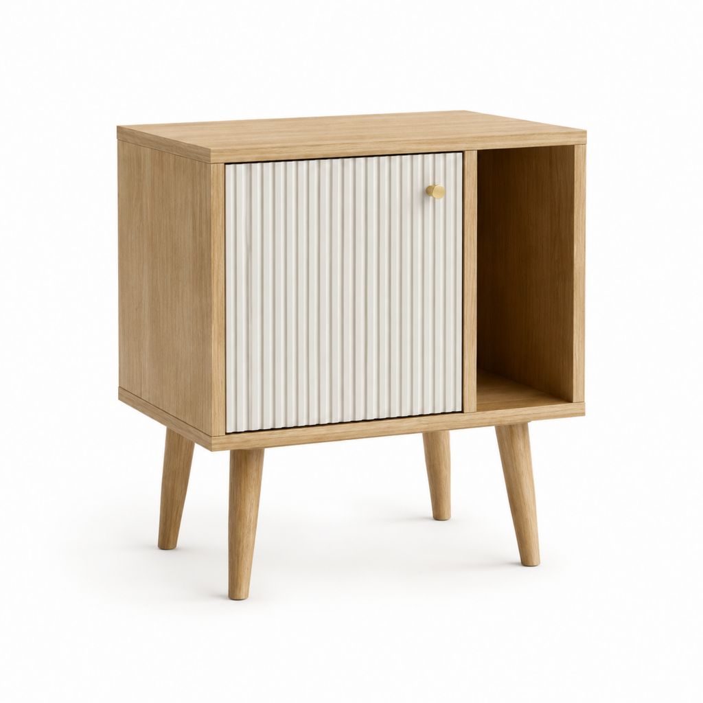 Nachttisch rechteckig mit Schiebetür Eiche Natur Weiß aus MDF 60 x 40 x 75 cm