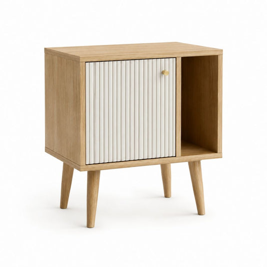 Nachttisch rechteckig mit Schiebetür Eiche Natur Weiß aus MDF 60 x 40 x 75 cm